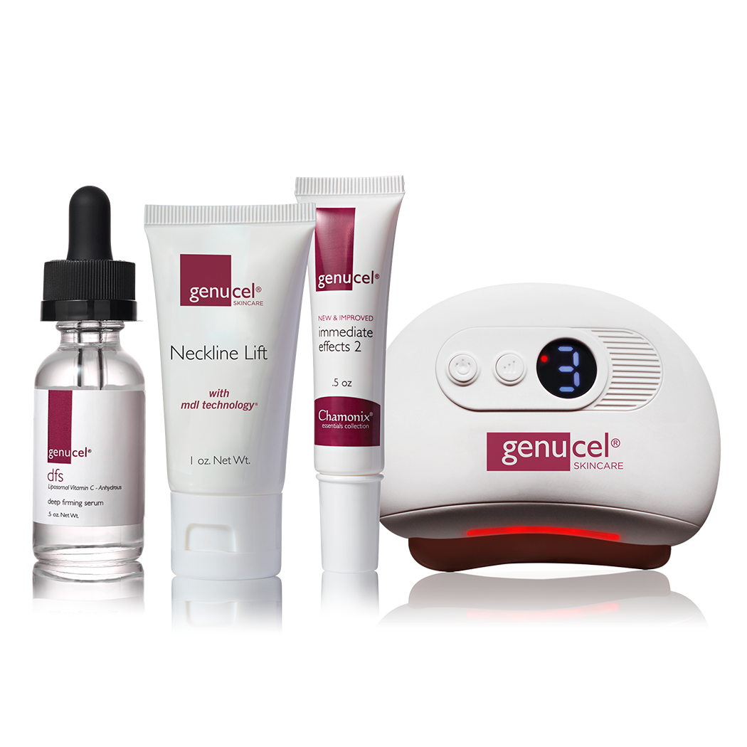 Genucel skincare products including serum, cream, and device on a white background