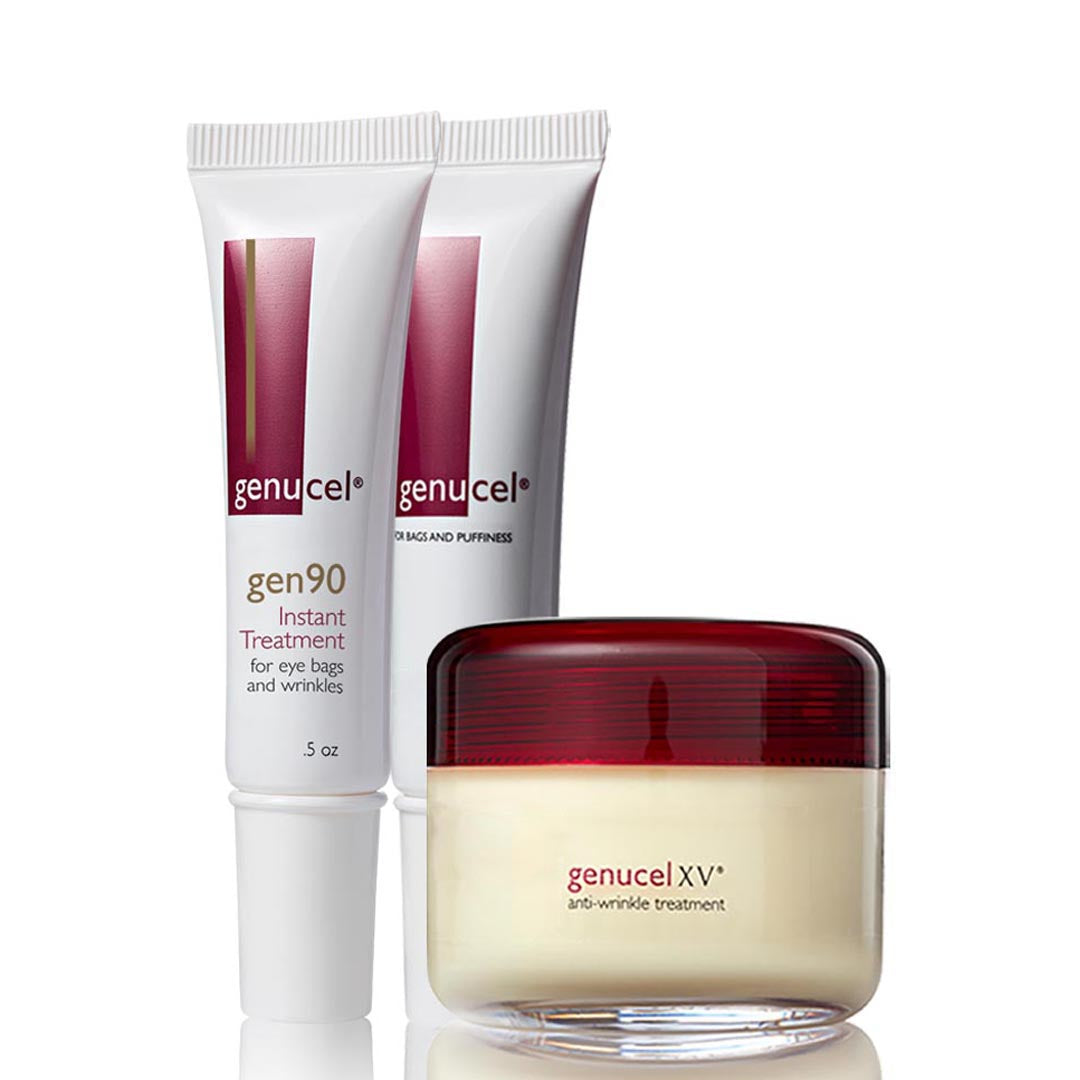 Genucel skincare products including two tubes and a jar on a white background