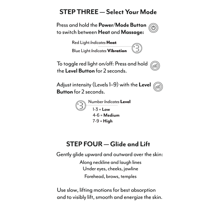 Instructions for using a device with power and mode buttons on a white background