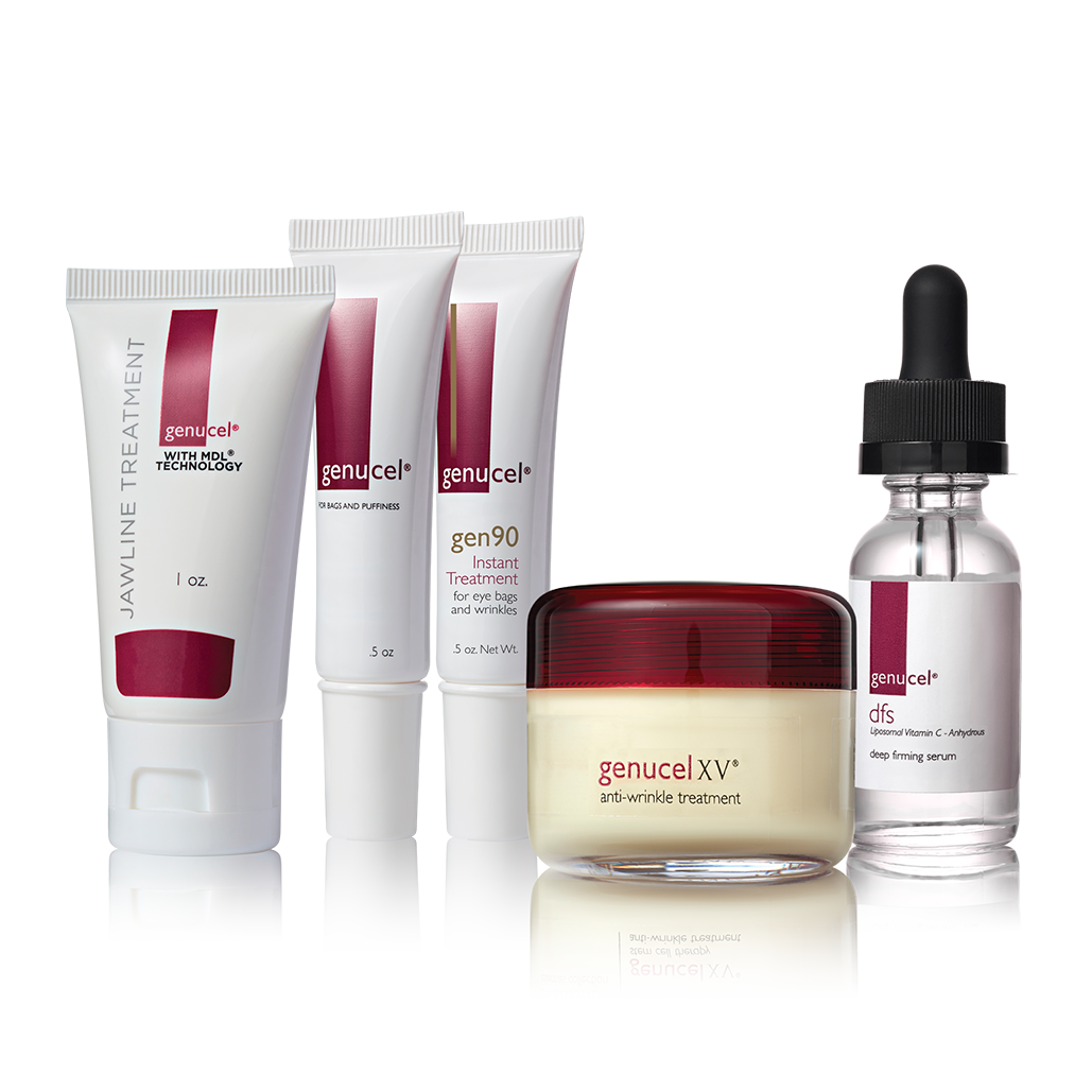 Collection of Genucel skincare products on a white background