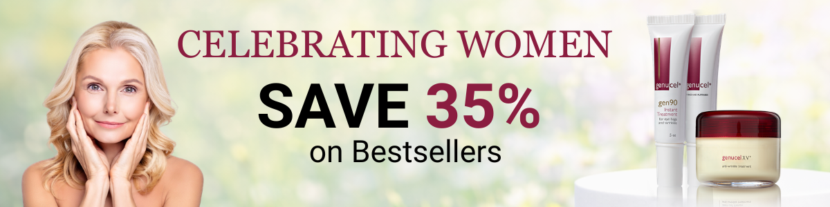 Promotional banner celebrating women with a 35% discount on bestsellers, featuring a woman and skincare products.
